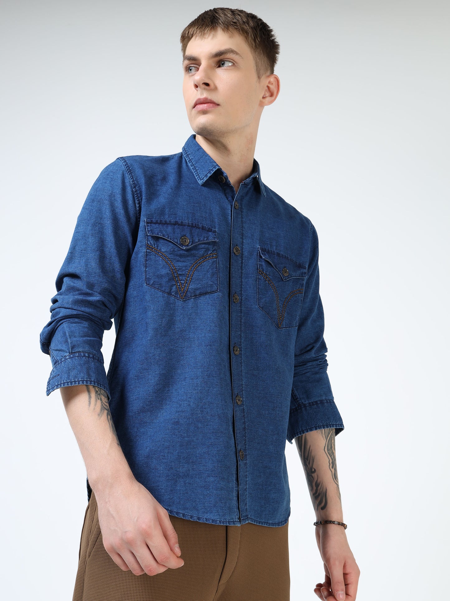 Men’s Indigo Blue Denim Cotton Utility Shirt with Dual Flap Pockets
