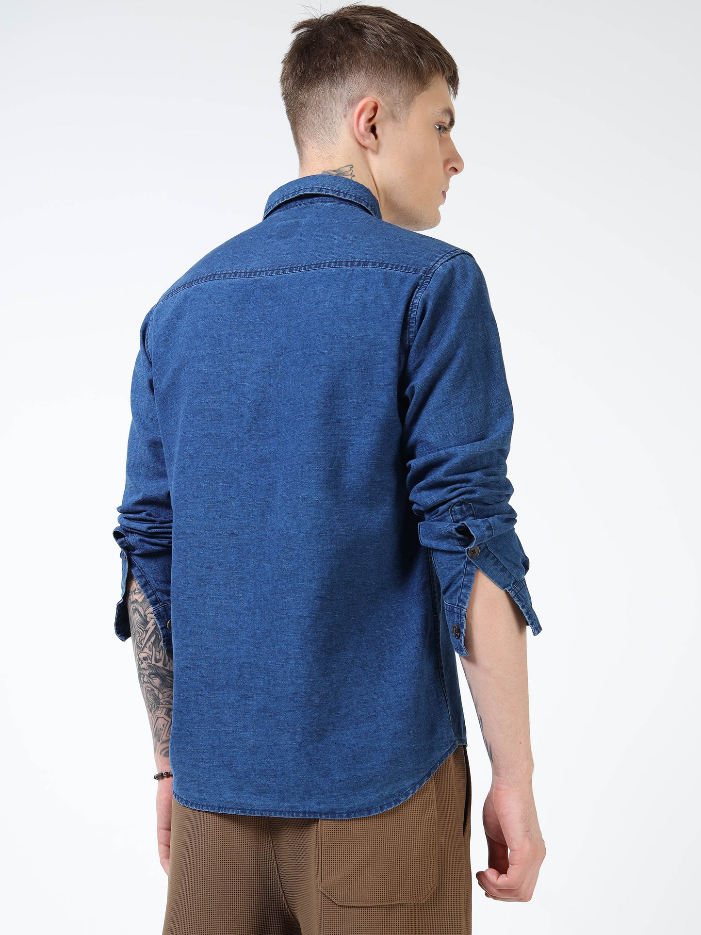 Men’s Indigo Blue Denim Cotton Utility Shirt with Dual Flap Pockets