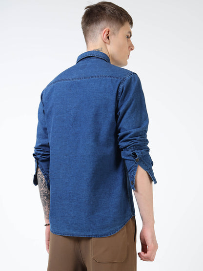 Men’s Indigo Blue Denim Cotton Utility Shirt with Dual Flap Pockets