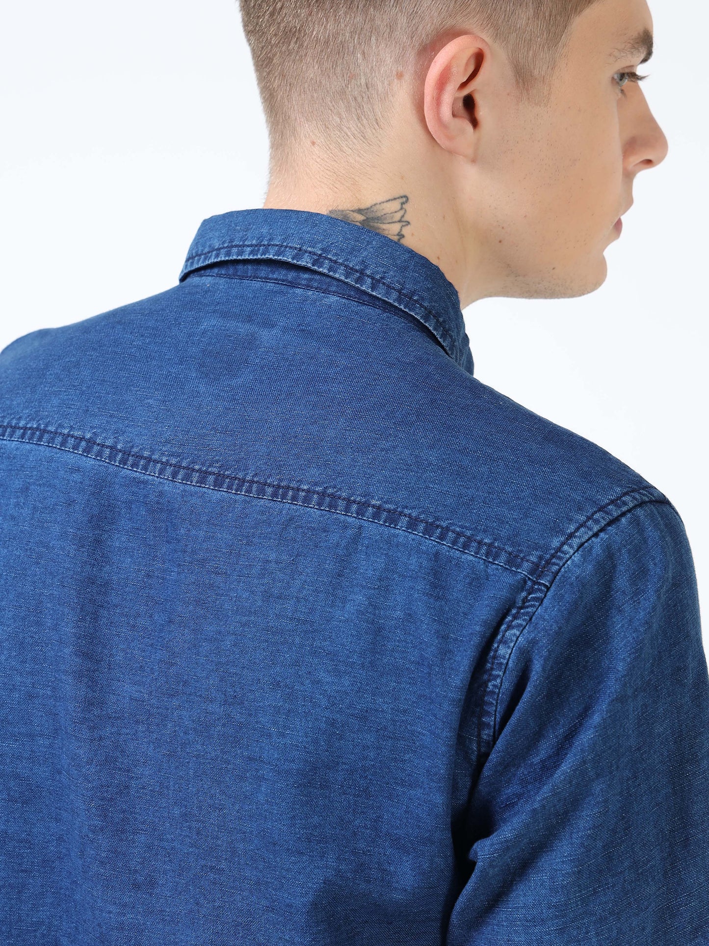 Men’s Indigo Blue Denim Cotton Utility Shirt with Dual Flap Pockets