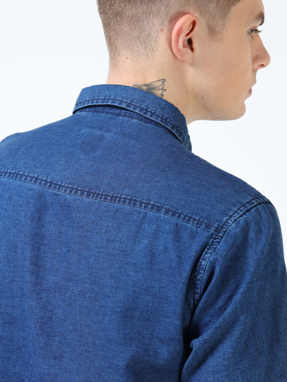 Men’s Indigo Blue Denim Cotton Utility Shirt with Dual Flap Pockets