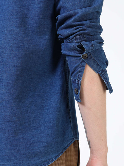 Men’s Indigo Blue Denim Cotton Utility Shirt with Dual Flap Pockets