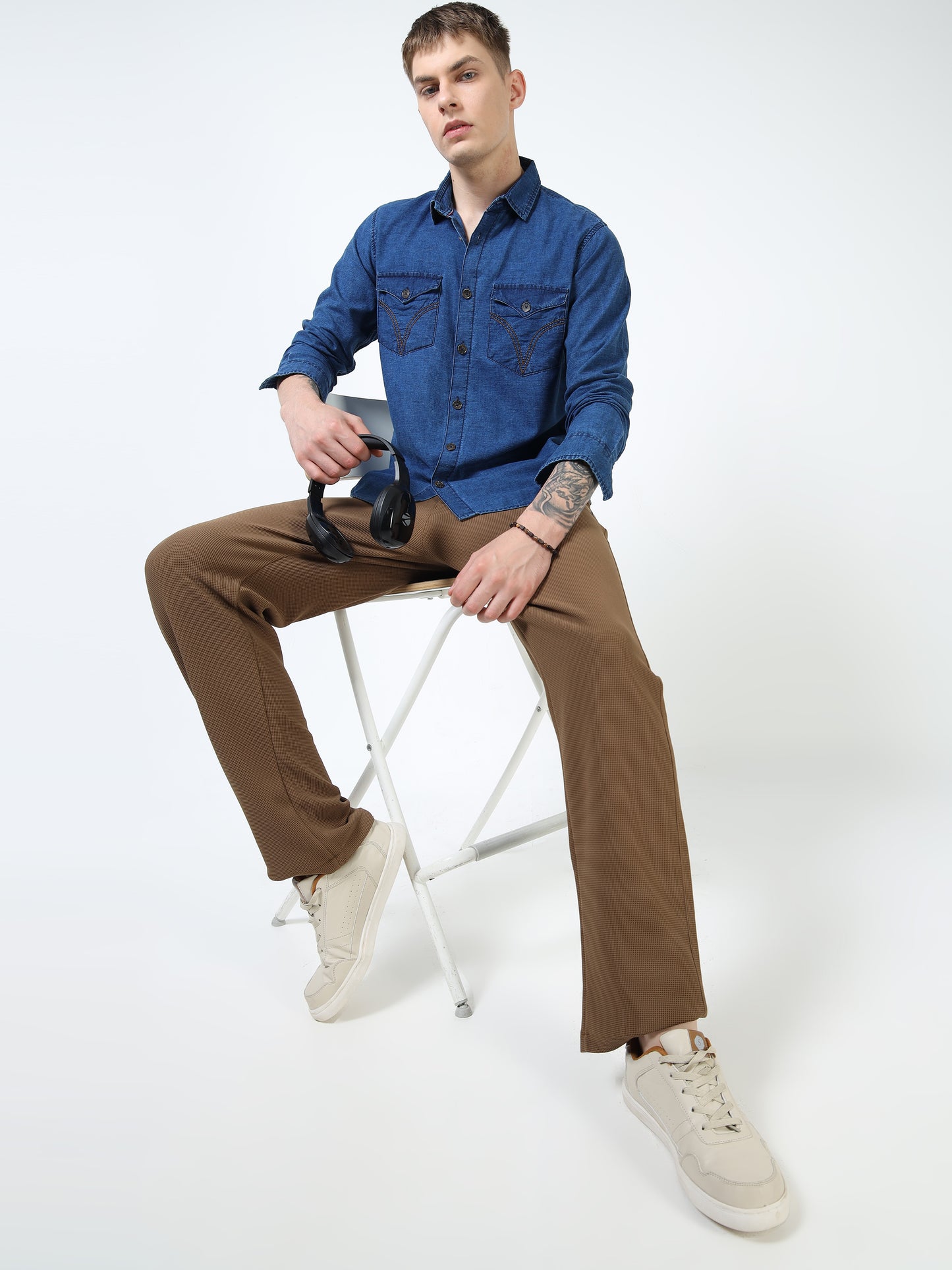 Men’s Indigo Blue Denim Cotton Utility Shirt with Dual Flap Pockets