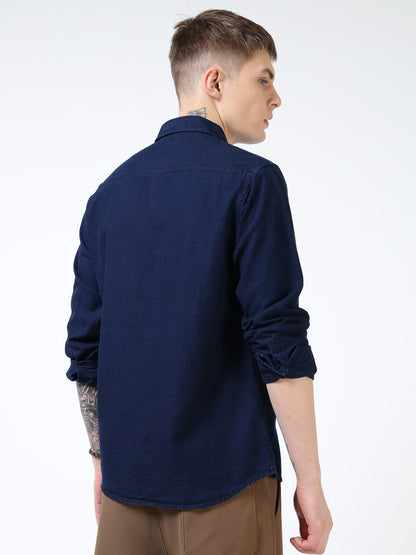Men’s Dark Indigo Blue Denim Cotton Utility Shirt with Dual Flap Pockets