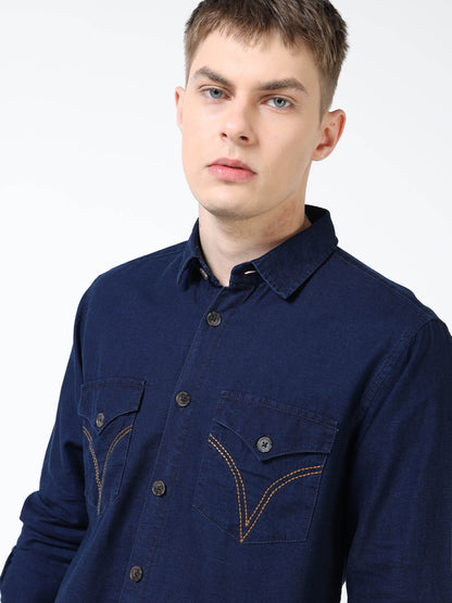 Men’s Dark Indigo Blue Denim Cotton Utility Shirt with Dual Flap Pockets