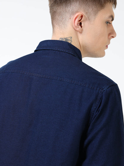 Men’s Dark Indigo Blue Denim Cotton Utility Shirt with Dual Flap Pockets