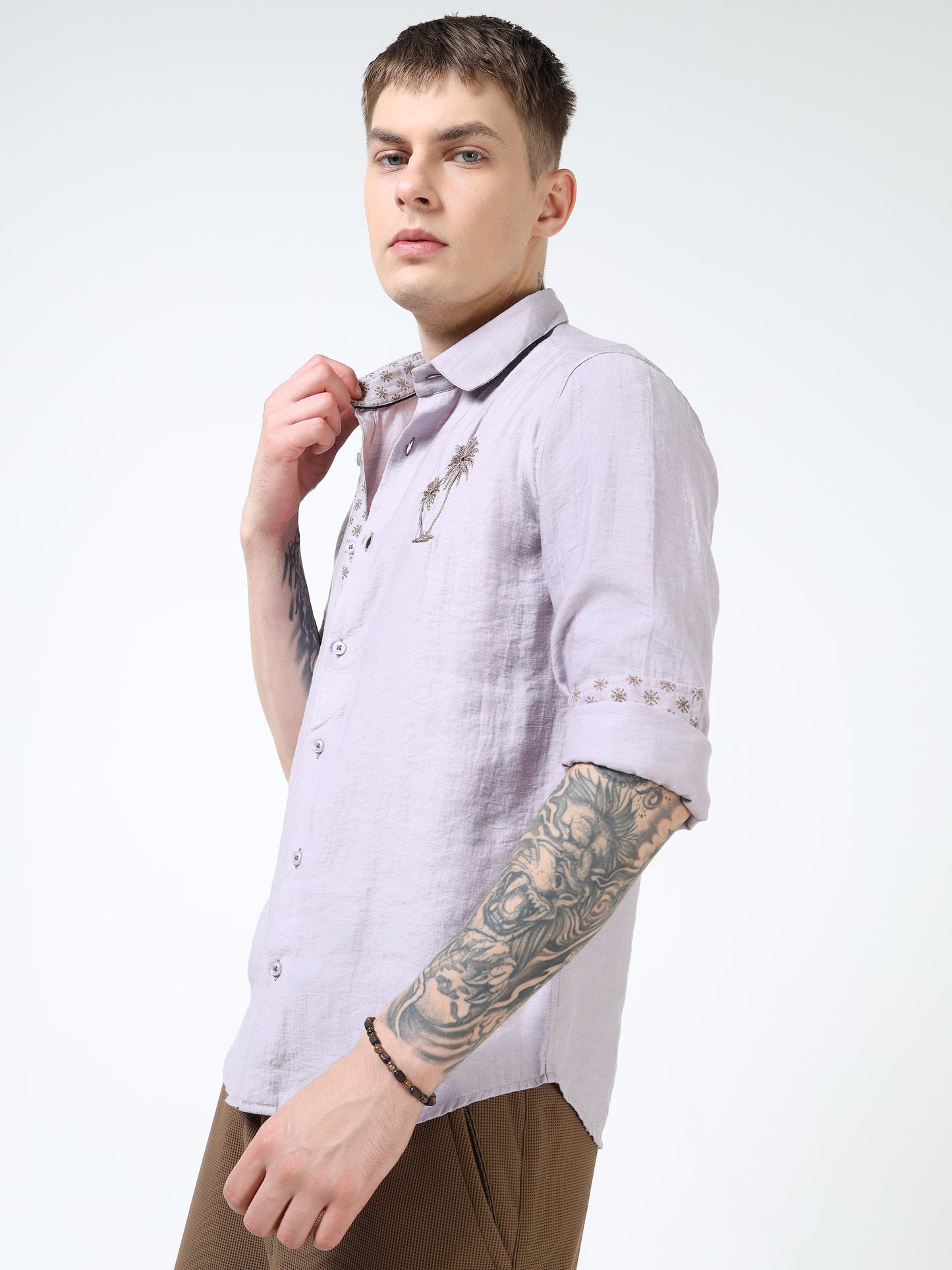 Men’s Lavender Textured Cotton Casual Shirt with Palm Tree Embroidery
