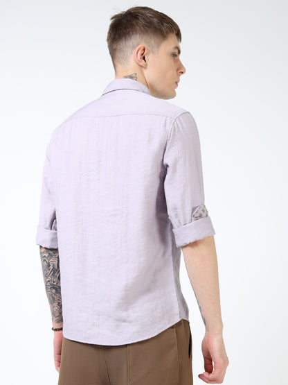 Men’s Lavender Textured Cotton Casual Shirt with Palm Tree Embroidery