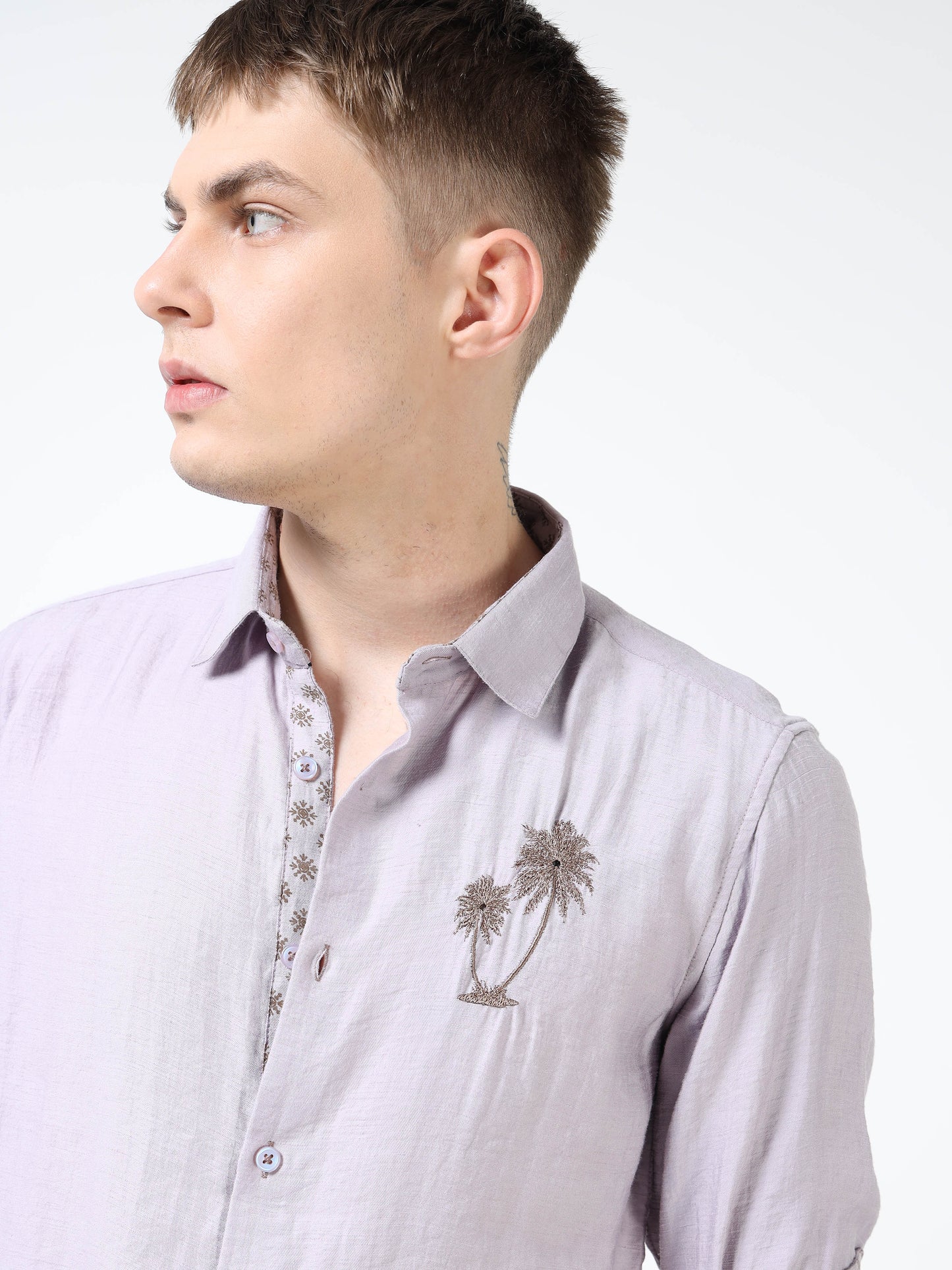 Men’s Lavender Textured Cotton Casual Shirt with Palm Tree Embroidery