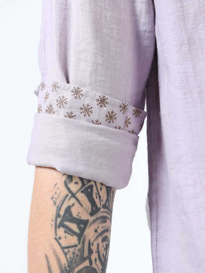Men’s Lavender Textured Cotton Casual Shirt with Palm Tree Embroidery