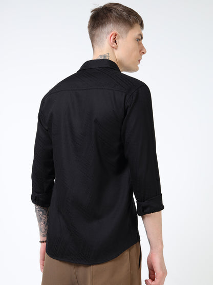 Men’s Black Textured Cotton Casual Shirt with Golden Dragonfly Embroidery
