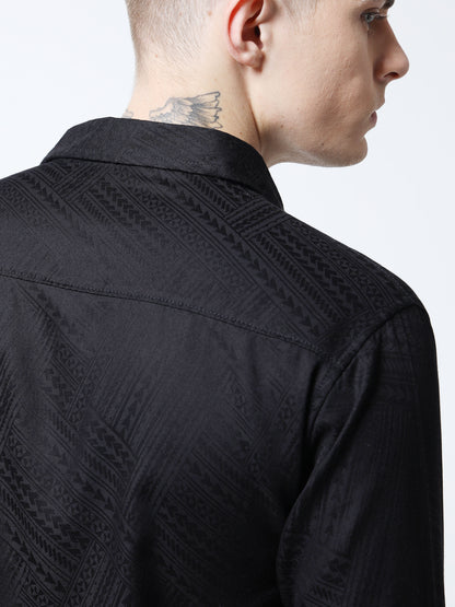 Men’s Black Textured Cotton Casual Shirt with Golden Dragonfly Embroidery