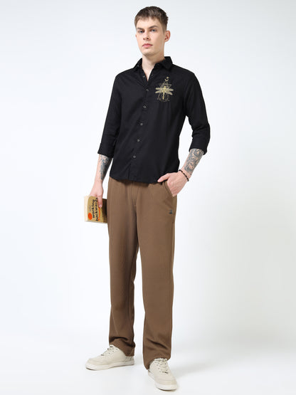 Men’s Black Textured Cotton Casual Shirt with Golden Dragonfly Embroidery