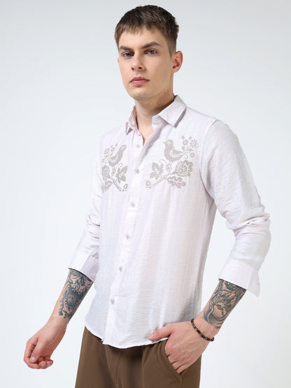 Men’s Light Lavender Textured Cotton Casual Shirt with Bird Embroidery