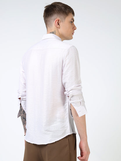 Men’s Light Lavender Textured Cotton Casual Shirt with Bird Embroidery