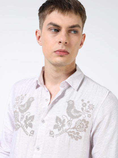 Men’s Light Lavender Textured Cotton Casual Shirt with Bird Embroidery