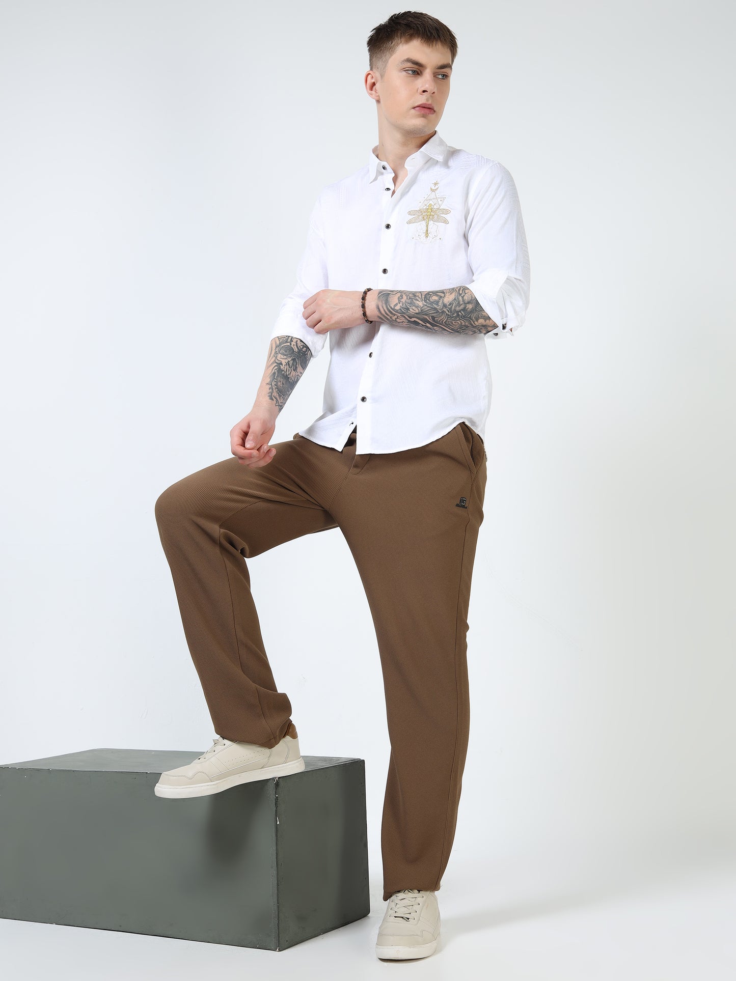 Men’s White Textured Cotton Casual Shirt with Golden Dragonfly Embroidery