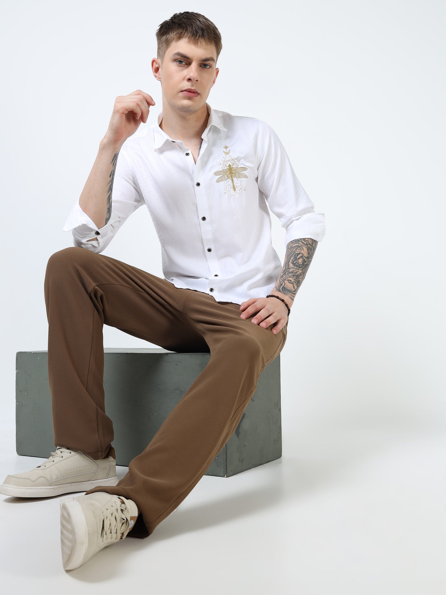 Men’s White Textured Cotton Casual Shirt with Golden Dragonfly Embroidery