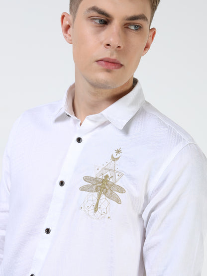 Men’s White Textured Cotton Casual Shirt with Golden Dragonfly Embroidery