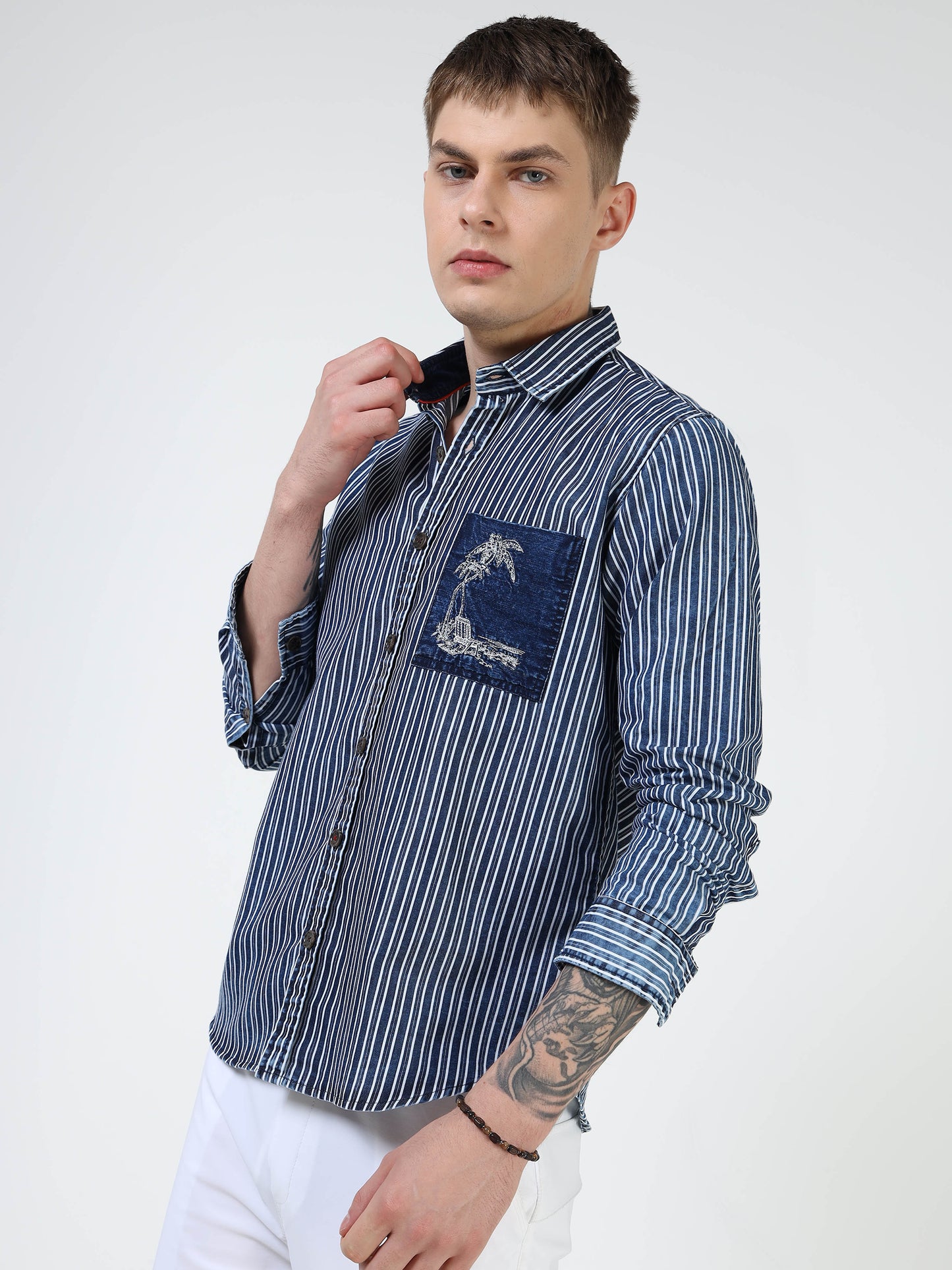 Men’s Navy Striped Cotton Casual Shirt with Contrast Embroidered Pocket