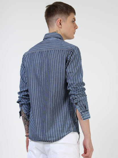 Men’s Navy Striped Cotton Casual Shirt with Contrast Embroidered Pocket
