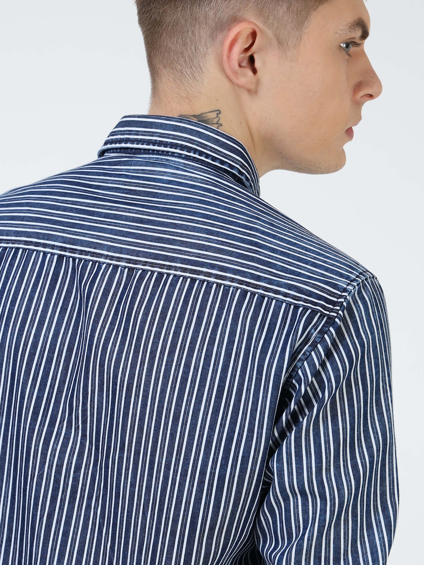 Men’s Navy Striped Cotton Casual Shirt with Contrast Embroidered Pocket