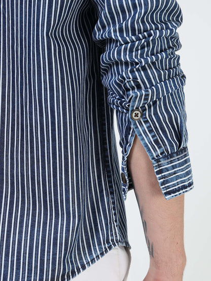 Men’s Navy Striped Cotton Casual Shirt with Contrast Embroidered Pocket