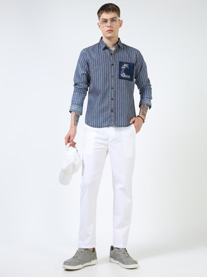 Men’s Navy Striped Cotton Casual Shirt with Contrast Embroidered Pocket