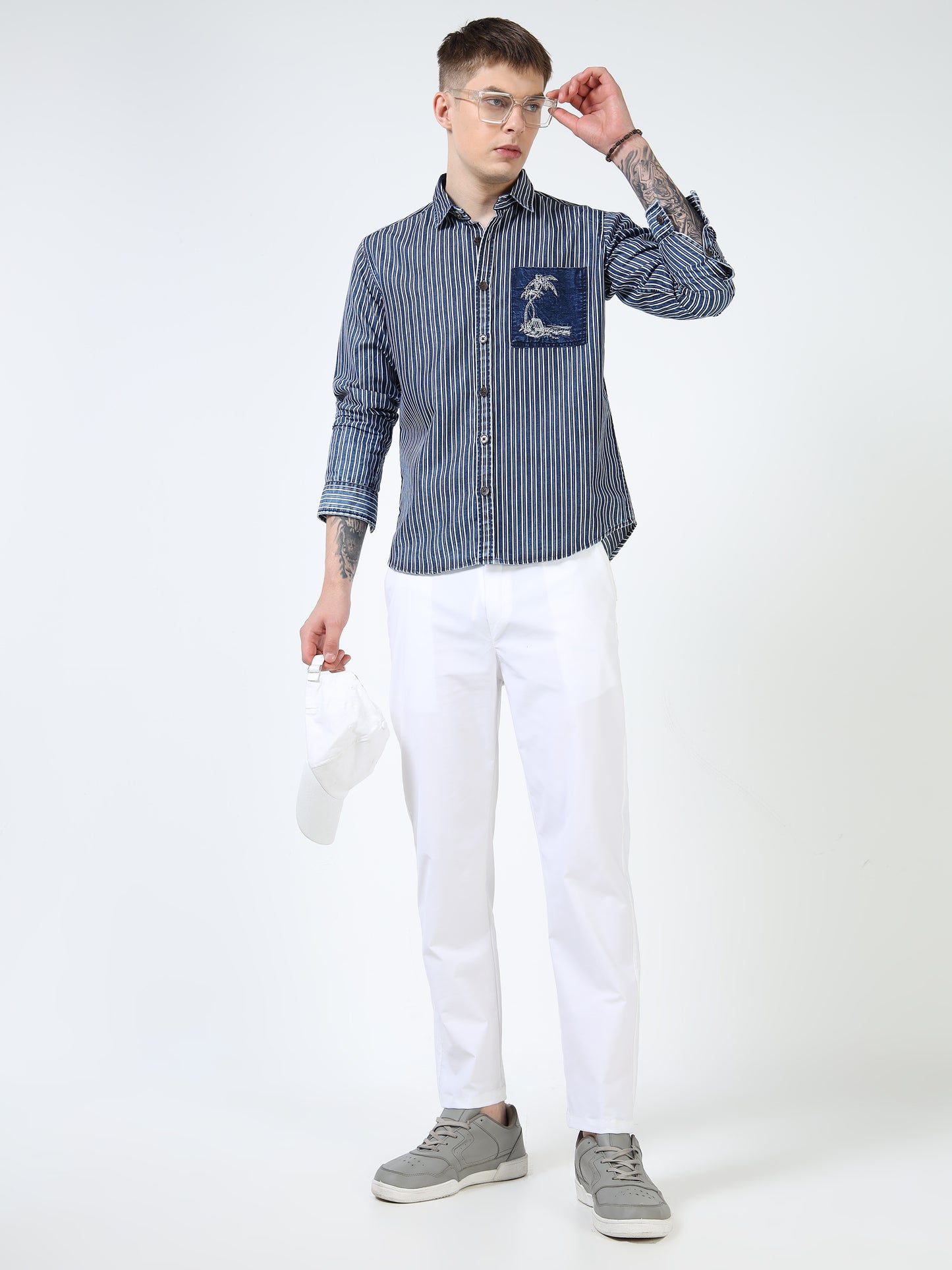Men’s Navy Striped Cotton Casual Shirt with Contrast Embroidered Pocket