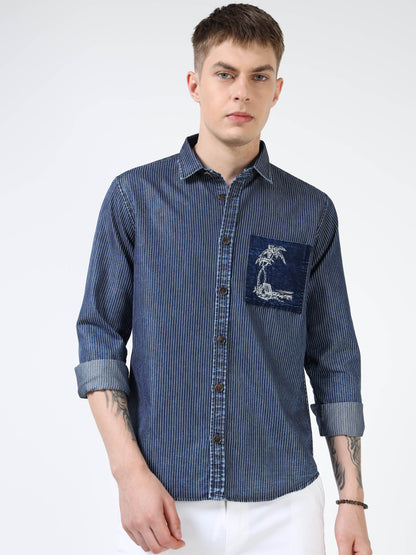 Men’s Indigo Striped Cotton Casual Shirt with Contrast Embroidered Pocket