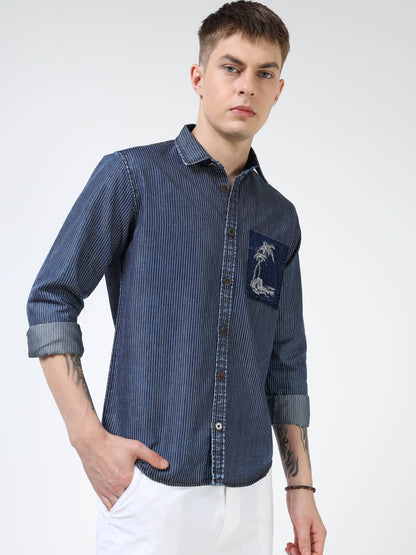 Men’s Indigo Striped Cotton Casual Shirt with Contrast Embroidered Pocket