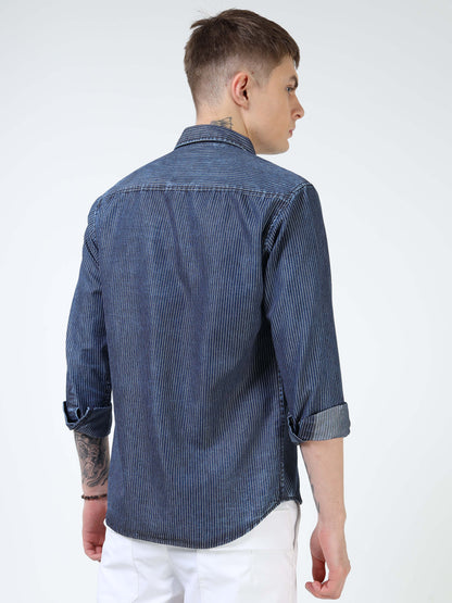 Men’s Indigo Striped Cotton Casual Shirt with Contrast Embroidered Pocket