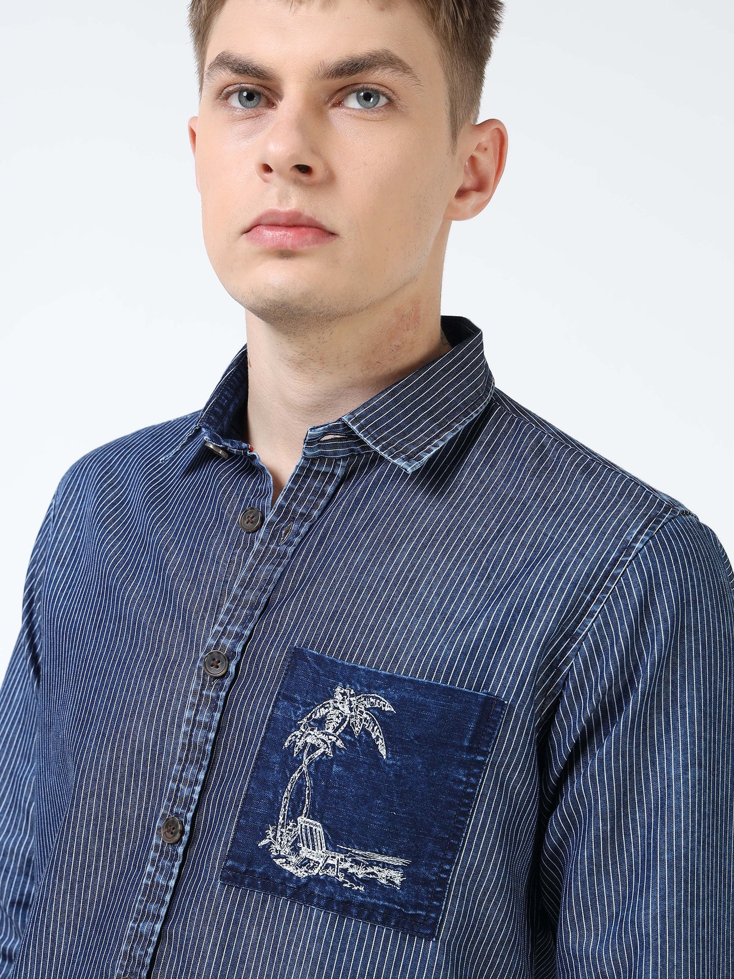 Men’s Indigo Striped Cotton Casual Shirt with Contrast Embroidered Pocket
