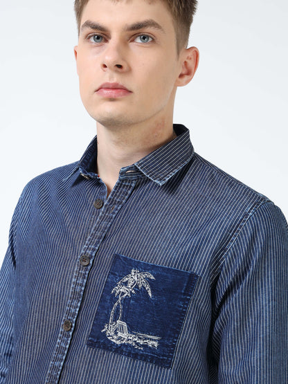 Men’s Indigo Striped Cotton Casual Shirt with Contrast Embroidered Pocket