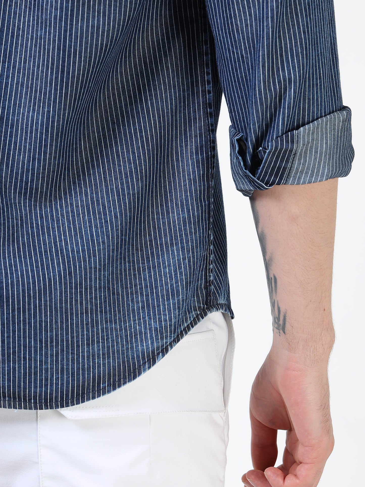 Men’s Indigo Striped Cotton Casual Shirt with Contrast Embroidered Pocket
