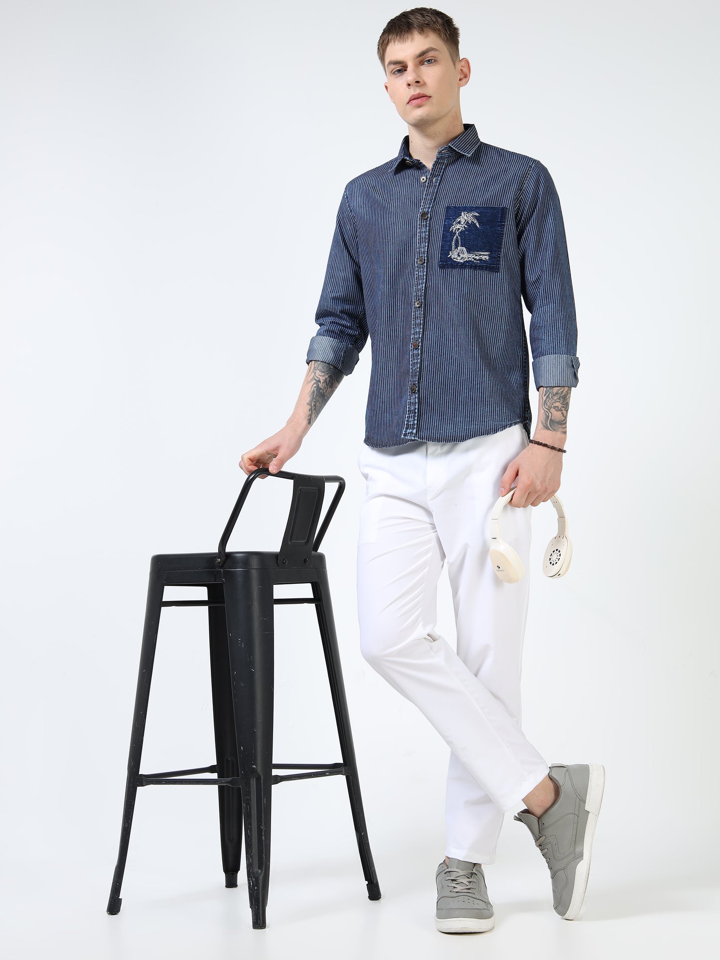 Men’s Indigo Striped Cotton Casual Shirt with Contrast Embroidered Pocket