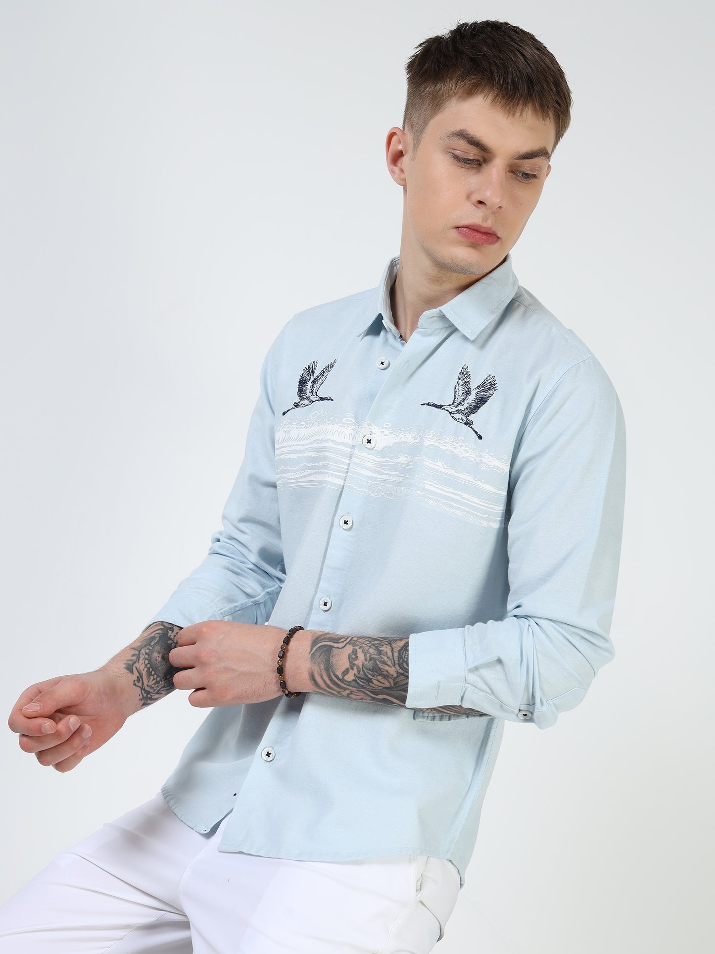 Men’s Light Blue Cotton Casual Shirt with Flying Bird Embroidery