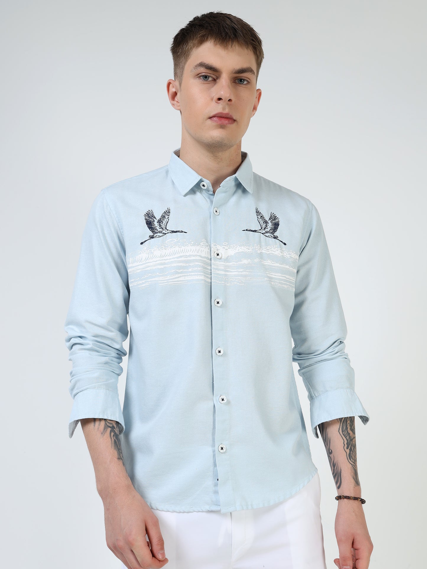 Men’s Light Blue Cotton Casual Shirt with Flying Bird Embroidery