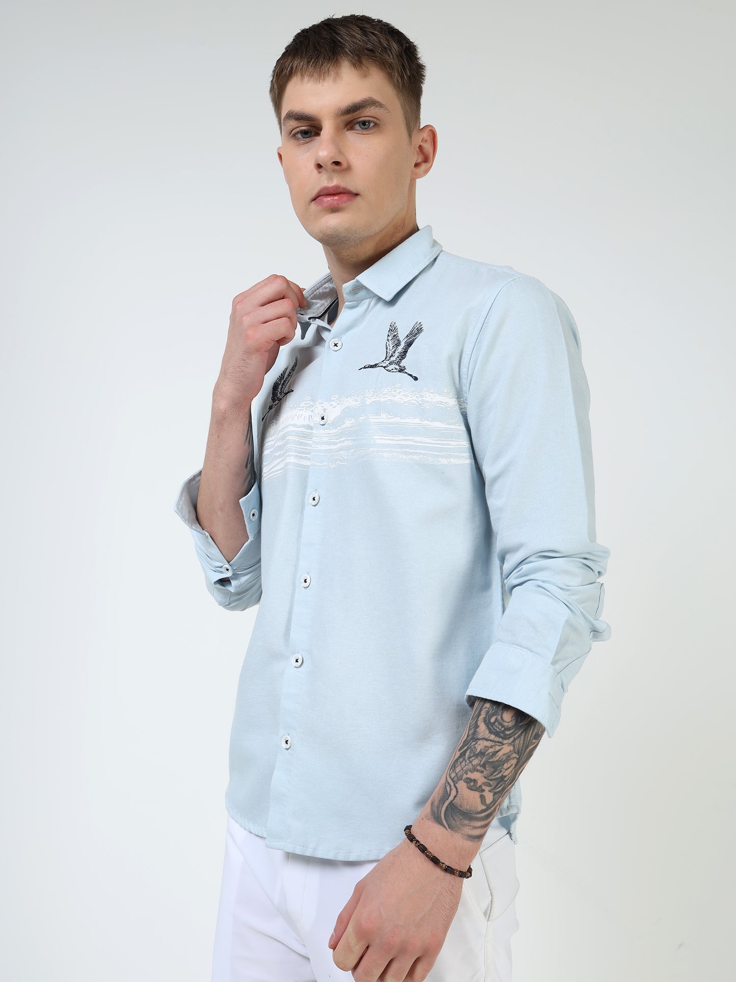 Men’s Light Blue Cotton Casual Shirt with Flying Bird Embroidery