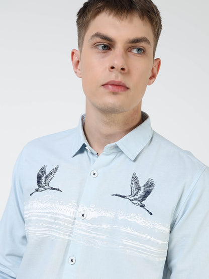 Men’s Light Blue Cotton Casual Shirt with Flying Bird Embroidery