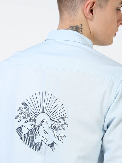 Men’s Light Blue Cotton Casual Shirt with Flying Bird Embroidery