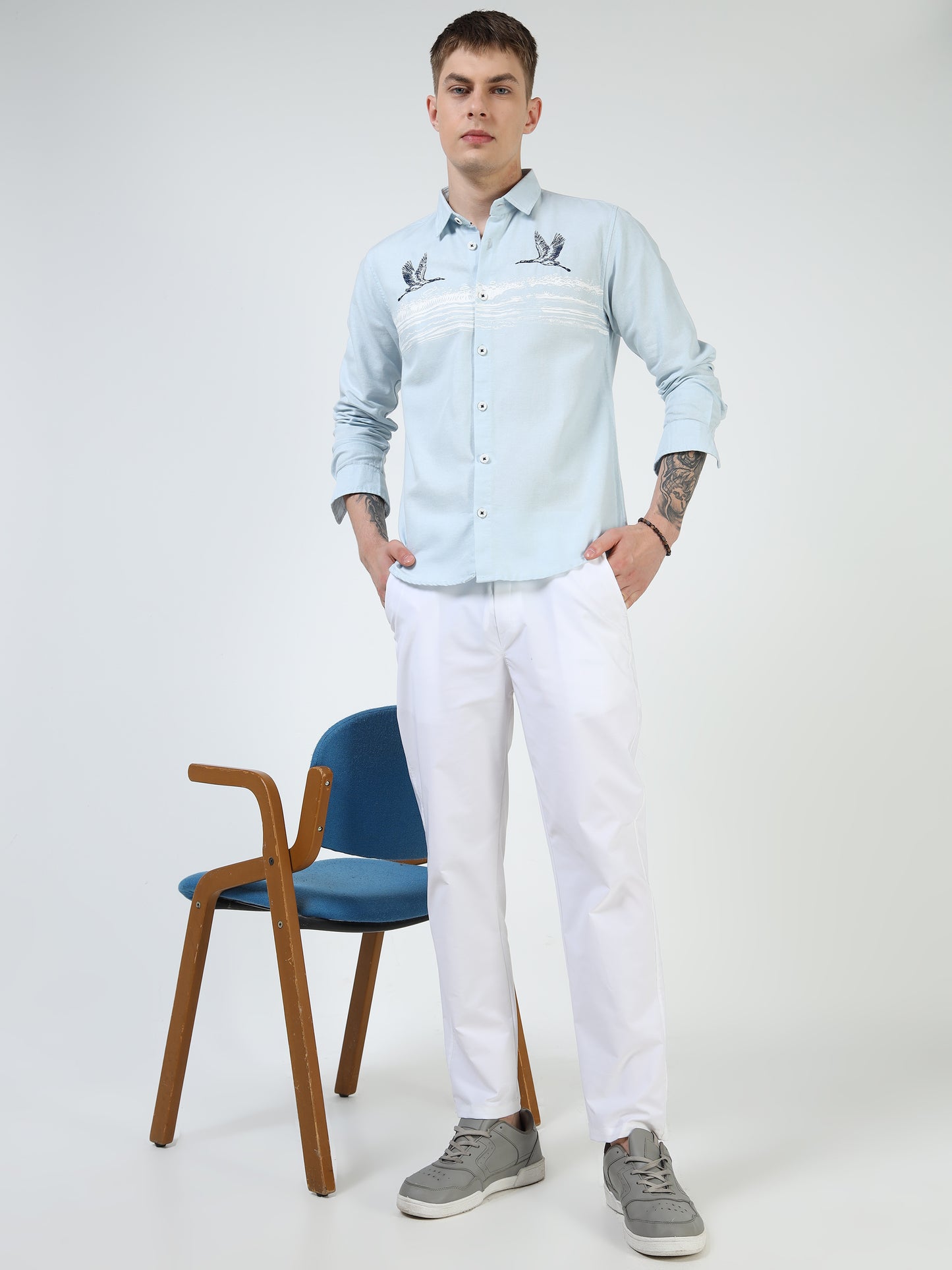 Men’s Light Blue Cotton Casual Shirt with Flying Bird Embroidery