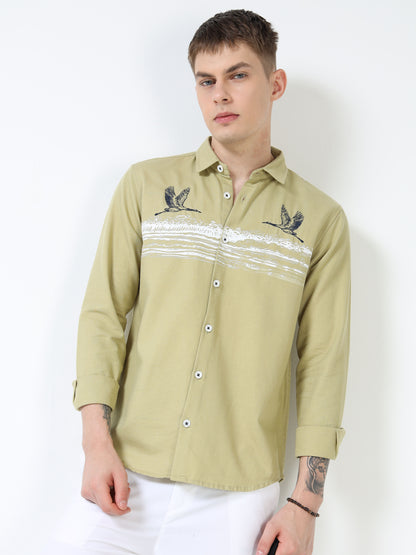 Men’s Light Olive Cotton Casual Shirt with Flying Bird Embroidery