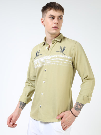 Men’s Light Olive Cotton Casual Shirt with Flying Bird Embroidery