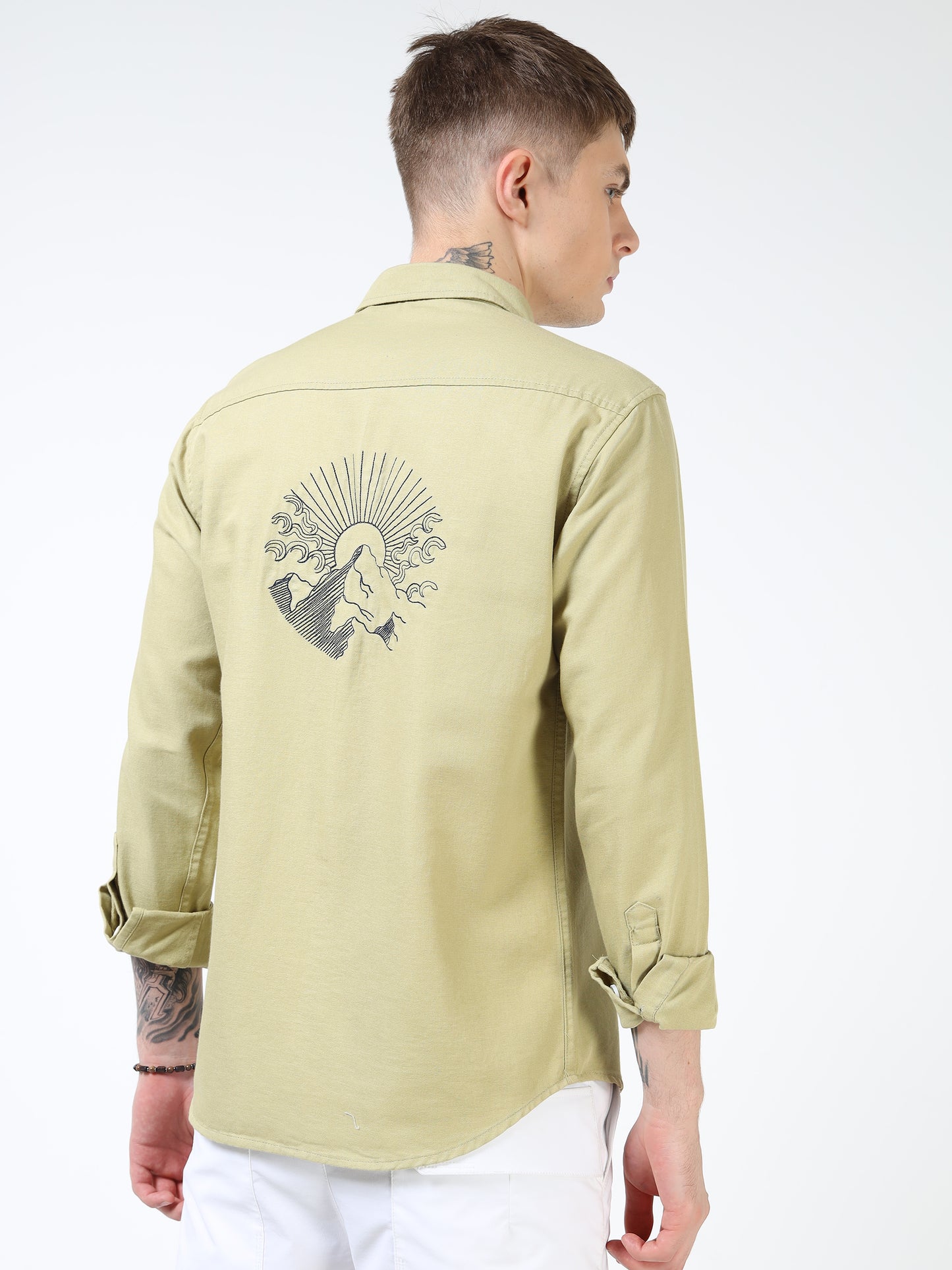Men’s Light Olive Cotton Casual Shirt with Flying Bird Embroidery
