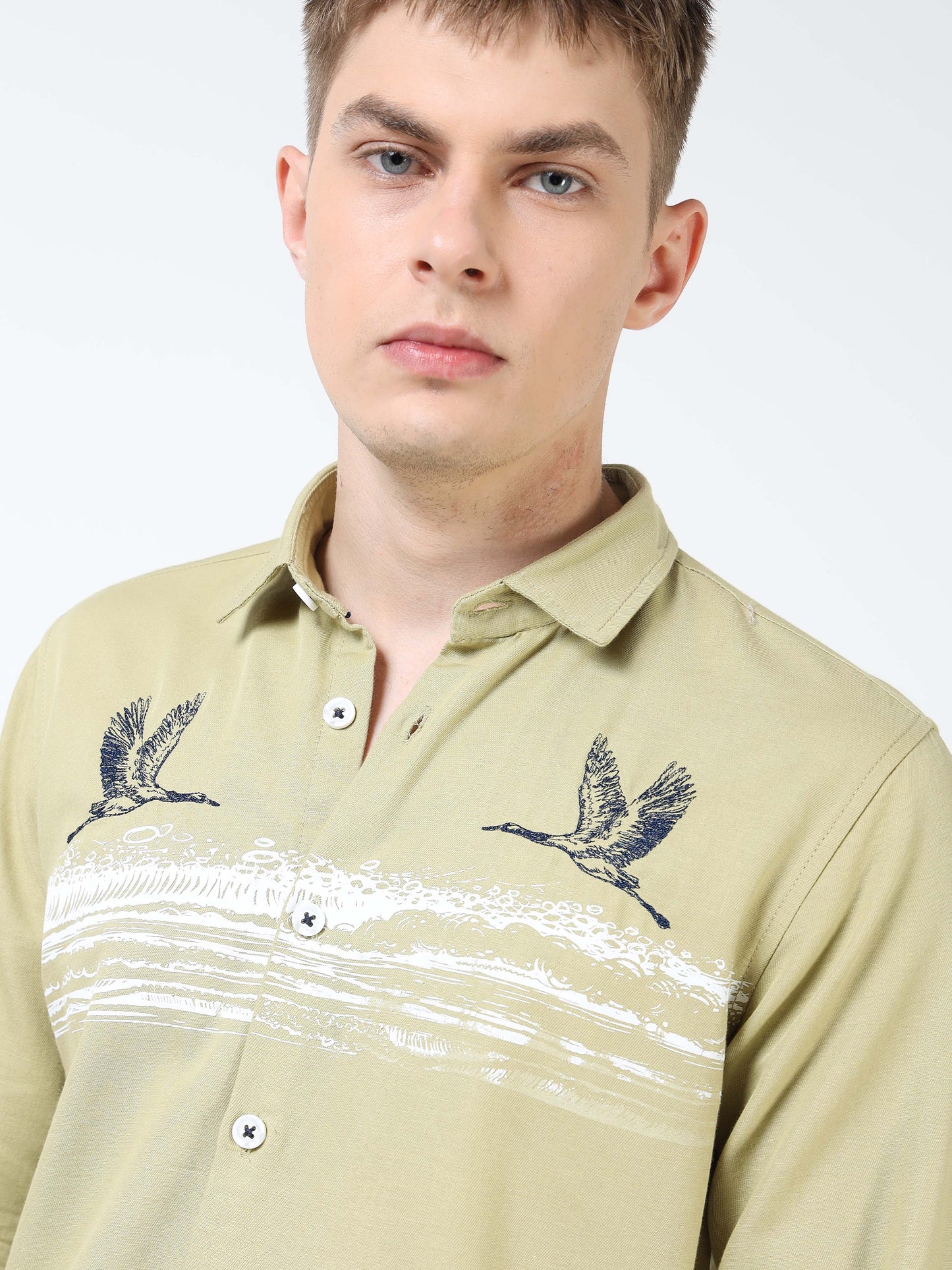 Men’s Light Olive Cotton Casual Shirt with Flying Bird Embroidery