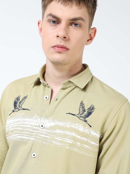Men’s Light Olive Cotton Casual Shirt with Flying Bird Embroidery