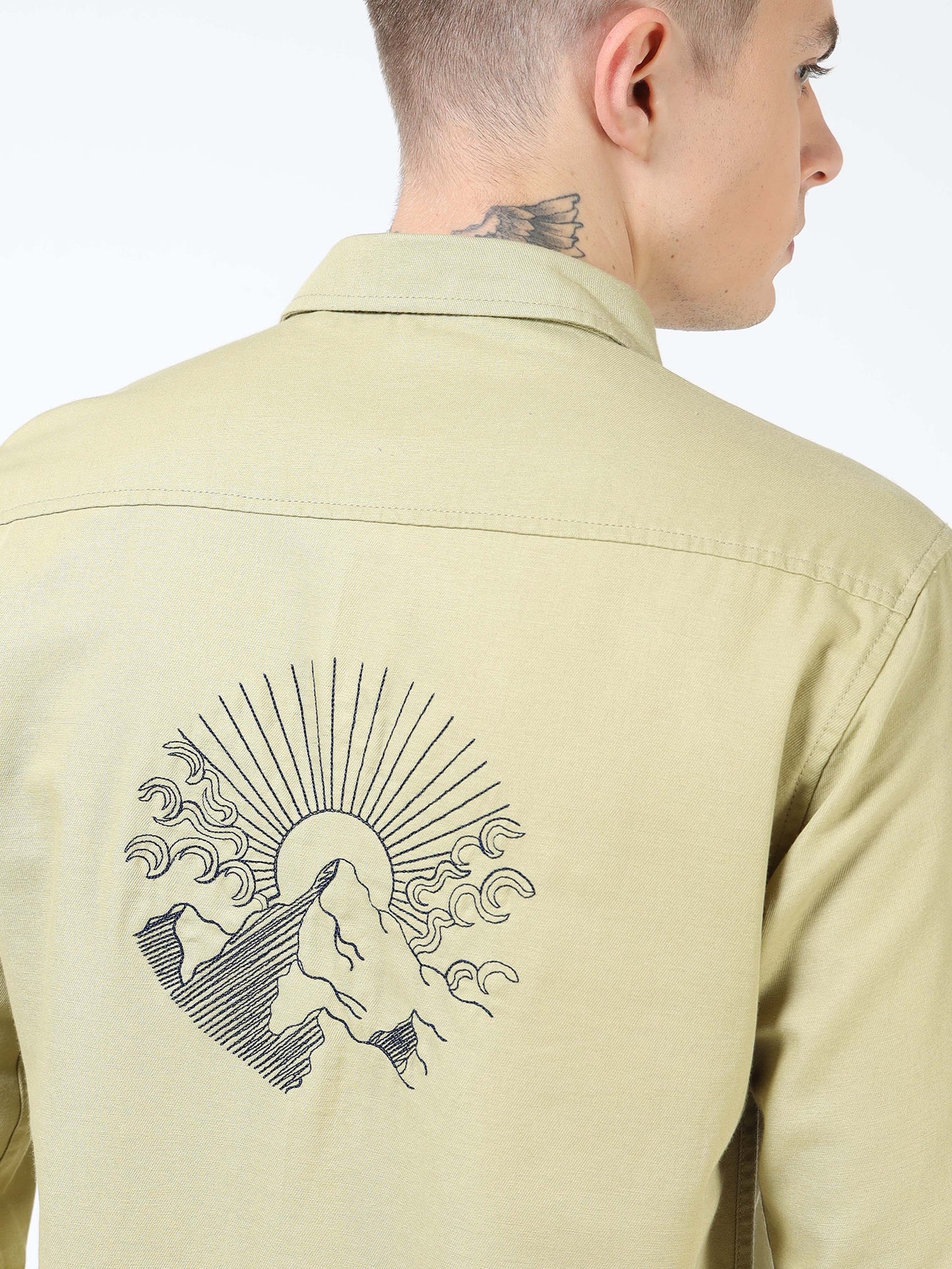 Men’s Light Olive Cotton Casual Shirt with Flying Bird Embroidery