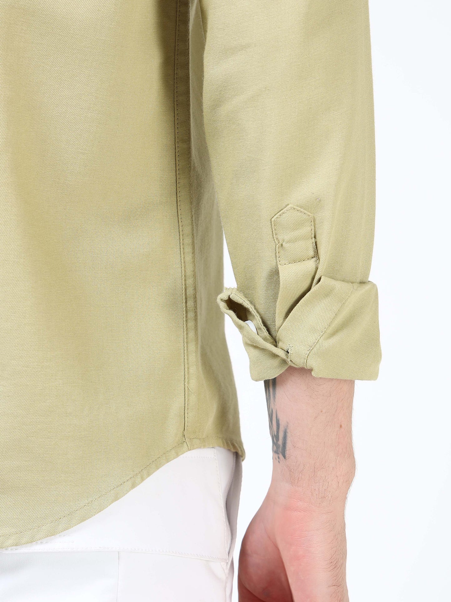 Men’s Light Olive Cotton Casual Shirt with Flying Bird Embroidery