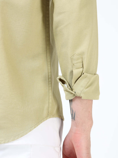Men’s Light Olive Cotton Casual Shirt with Flying Bird Embroidery